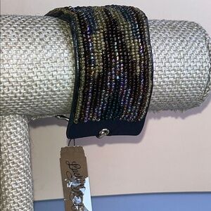 Lucky Brand Gold and Black Beaded leather Bracelet Snake toggle